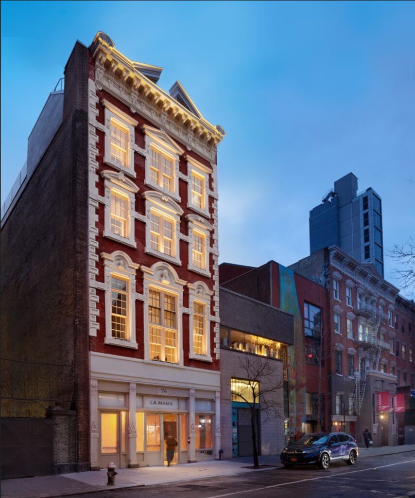 The red and white exterior of the La Mama building. Images by John Bartelstone Photography
