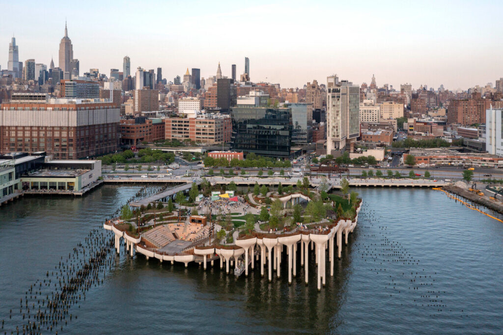 Aerial view of Little Island from the water. In the lower left is the outdoor theatre. © Timothy Schenck
