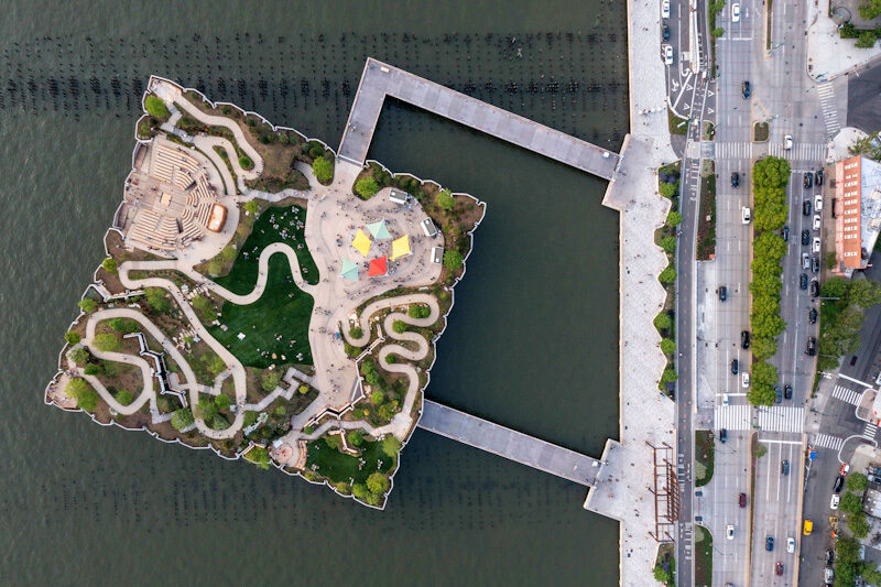 Top down view of Little Island, showing the squiggly pedestrian paths. © Timothy Schenck