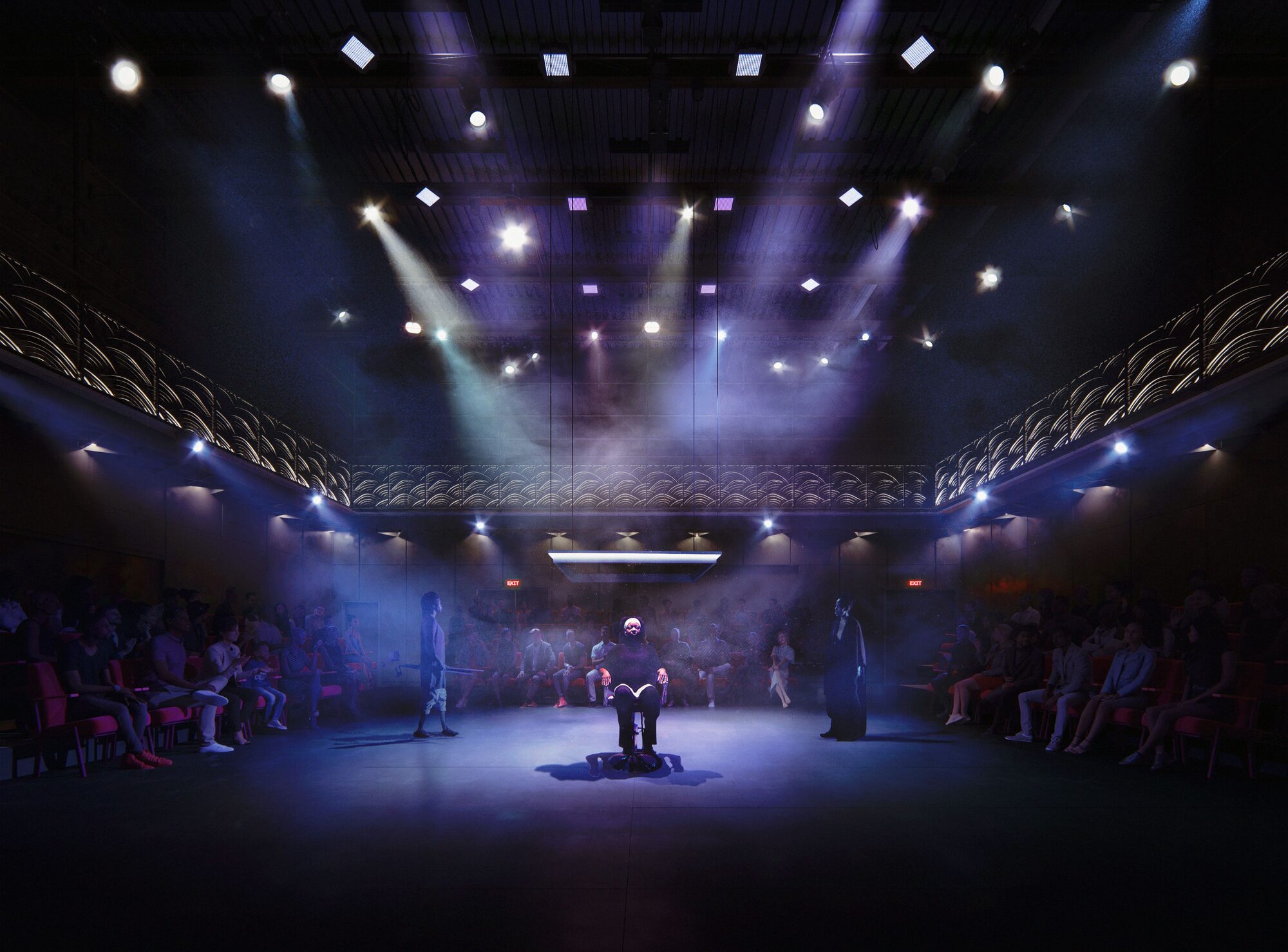 A dark, fog-filled performance space with a central seated figure and the audience arranged in a square configuration around the sides of the room.