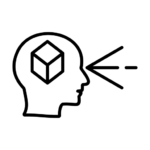Icon of a human head with lines representing sightline and a 3D cube inside the head/