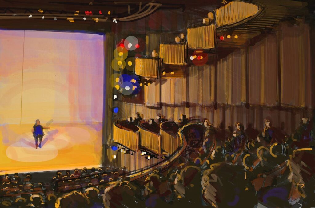 A painted representation of the audience view from balcony.