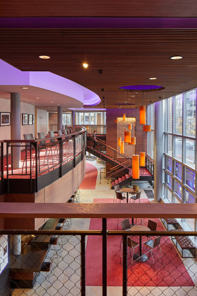 View of first floor seating area from balcony.