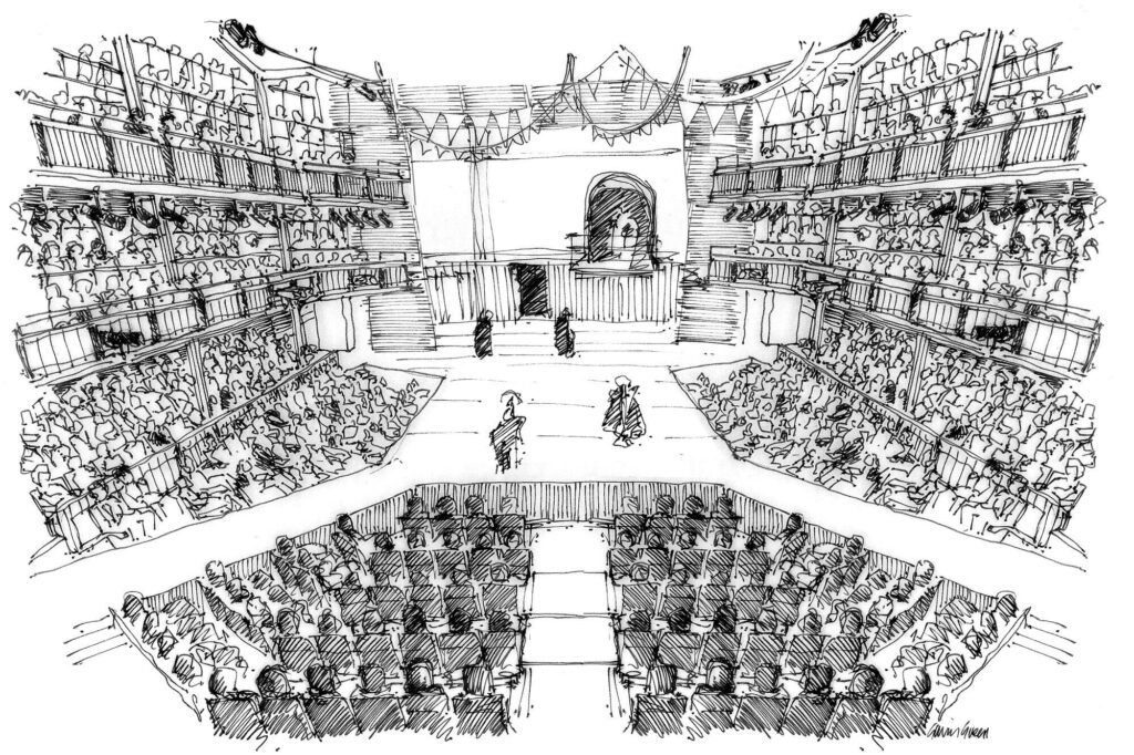 An ink sketch of possible seating configurations.