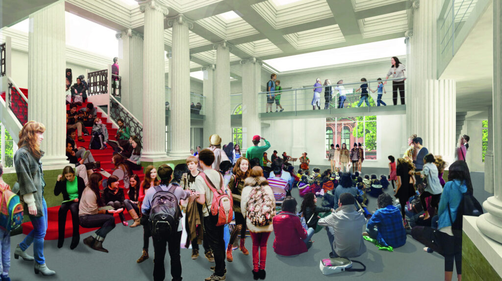 A render of students gathering in an open space and on stairs and balcony.