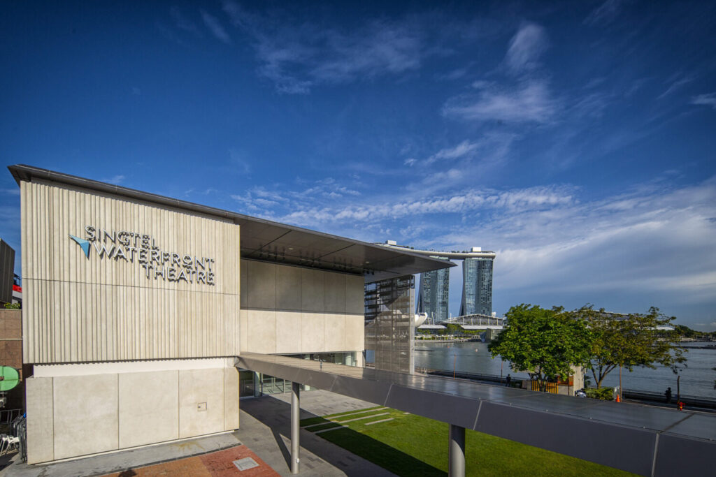 Exterior view of Singtel Waterfront Theatre by day, alongside the waterfront.