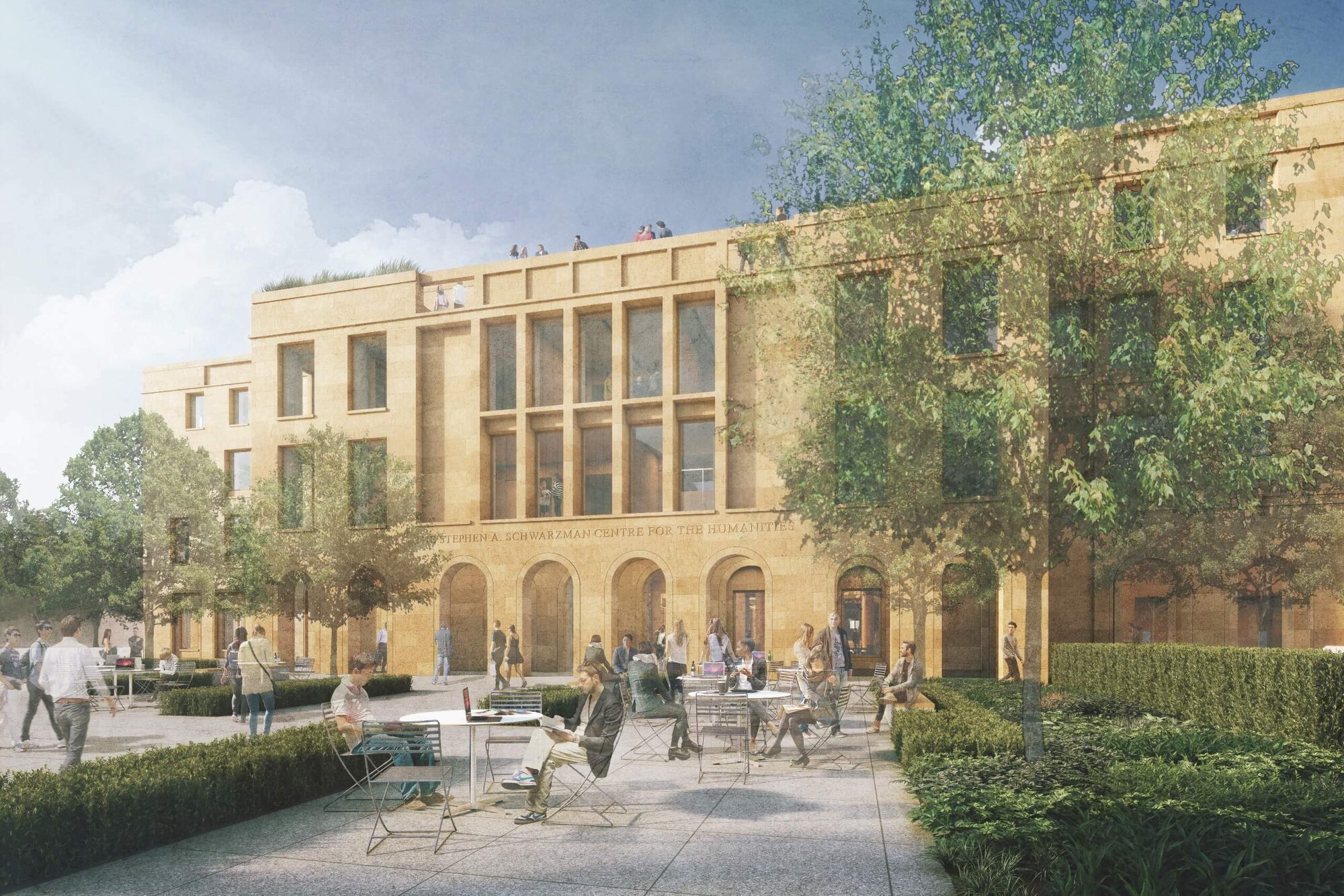 A plaza with outdoor seating in front of the arched entrances to the Stephen A. Schwarzman Center for the Humanities.