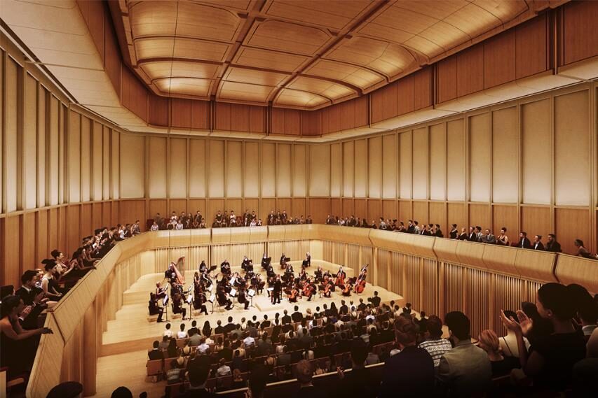 Rendering of an orchestra playing in a wood clad performance space.