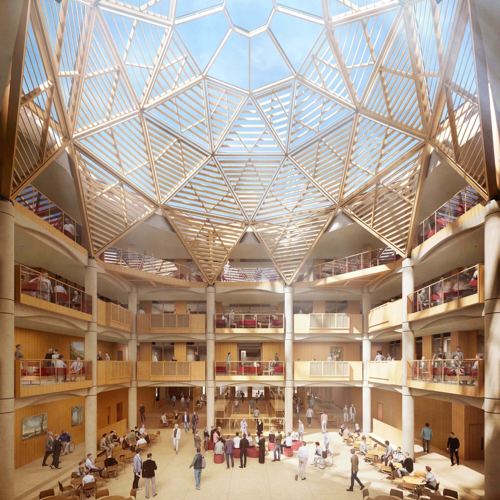 Rendering of an atrium with a wood lattice ceiling dome.