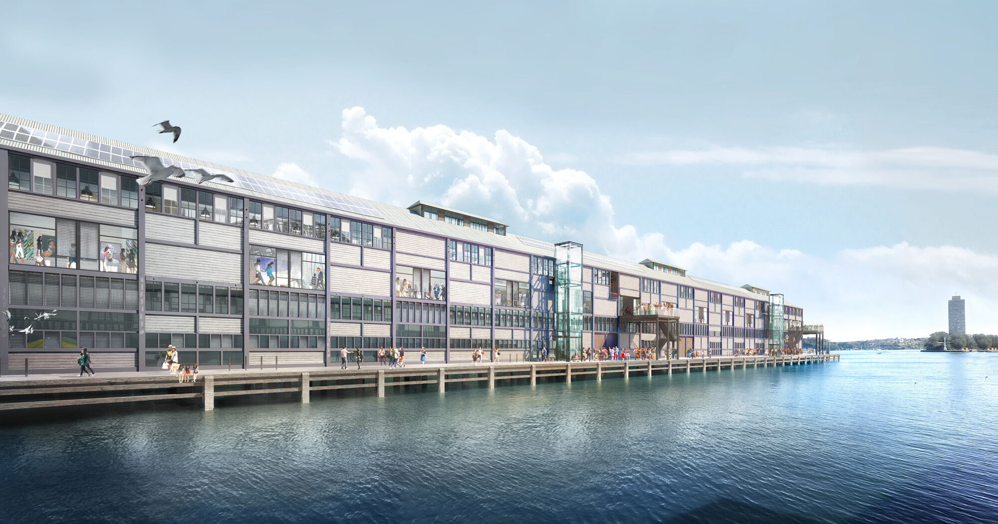 Multi-level building running the length of the wharf.