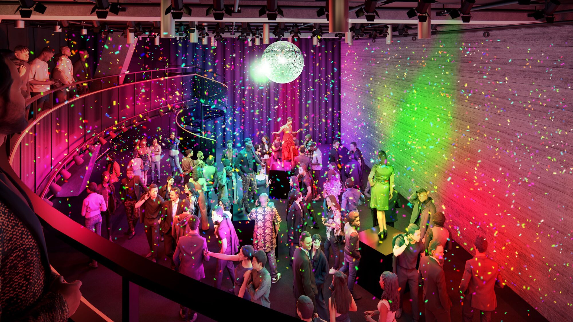 People stand on pedestals as confetti falls. Renders courtesy of Epstein Joslin Architects