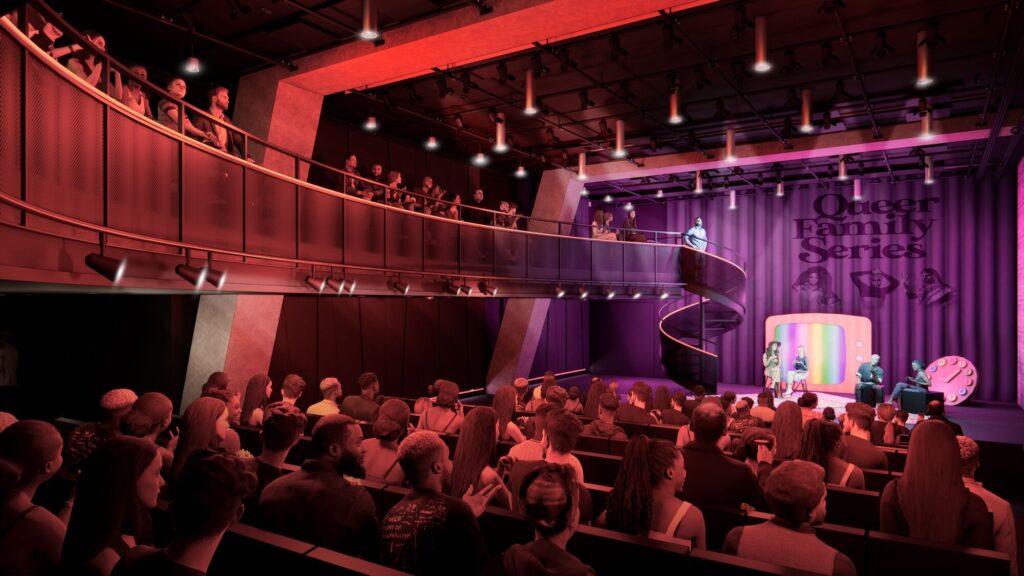 Speakers sit onstage. A spiral staircase beside them leads to the balcony level. Renders courtesy of Epstein Joslin Architects