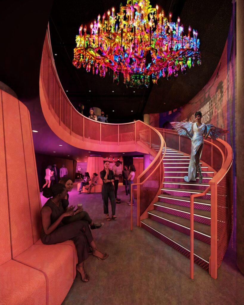A woman in a dress with wings descending a staircase. A rainbow chandelier hands overhead. Renders courtesy of Epstein Joslin Architects
