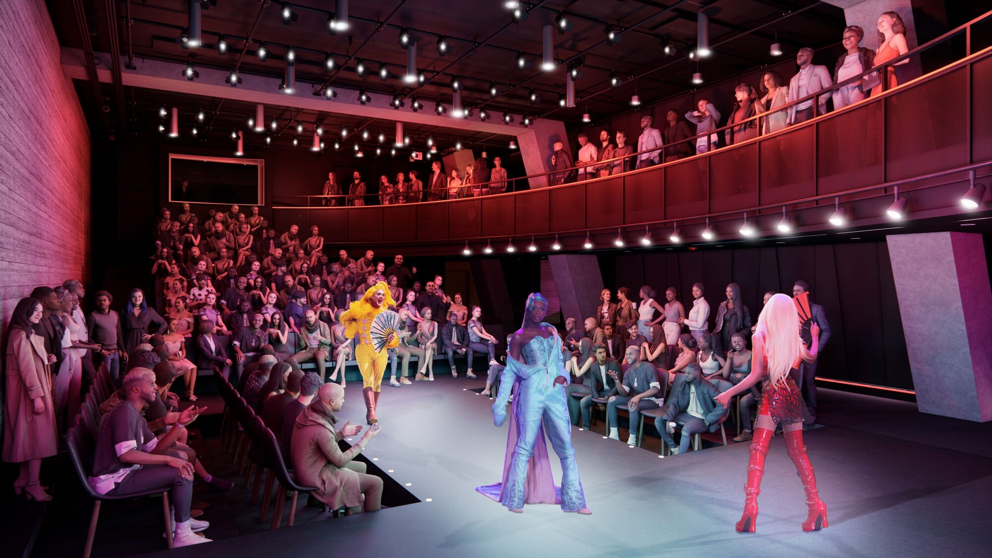 Performers in drag on a catwalk stage setup. Renders courtesy of Epstein Joslin Architects