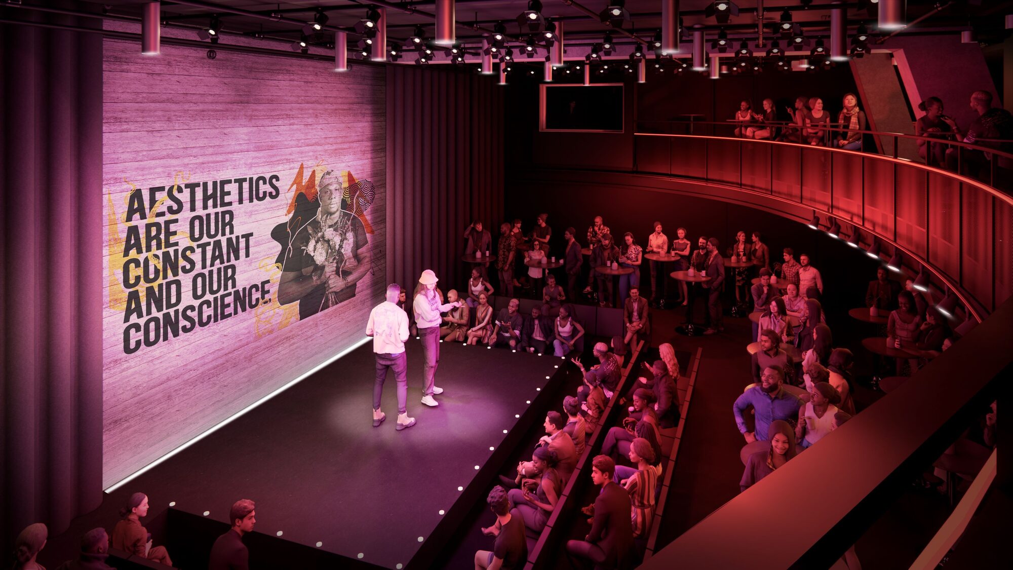 Performers on stage at an intimate venue. Renders courtesy of Epstein Joslin Architects