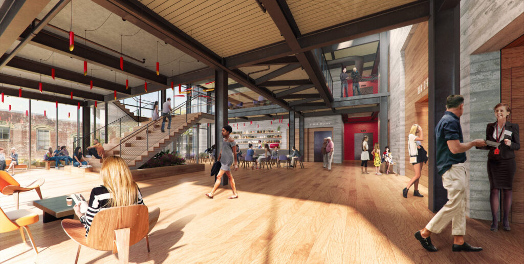 Render of the sun filled lounge and lobby area at TheatreSquared.