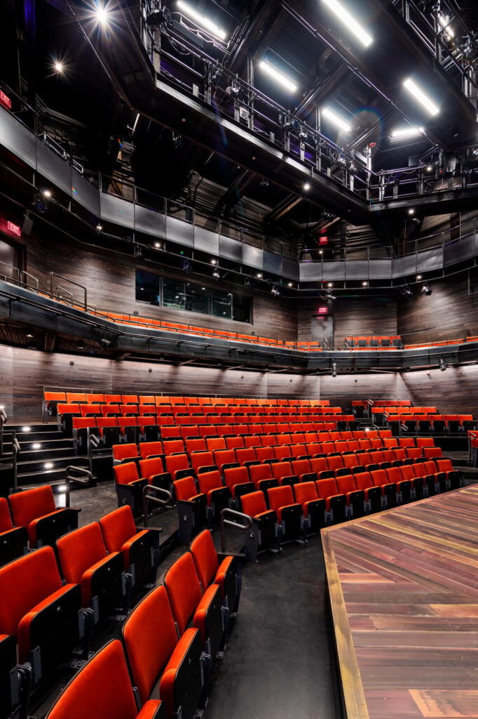 An angled view of the seating and catwalk levels.